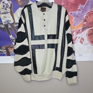 Vintage Trust Leather Men's Crewneck Sweater with Black and Cream Stripes